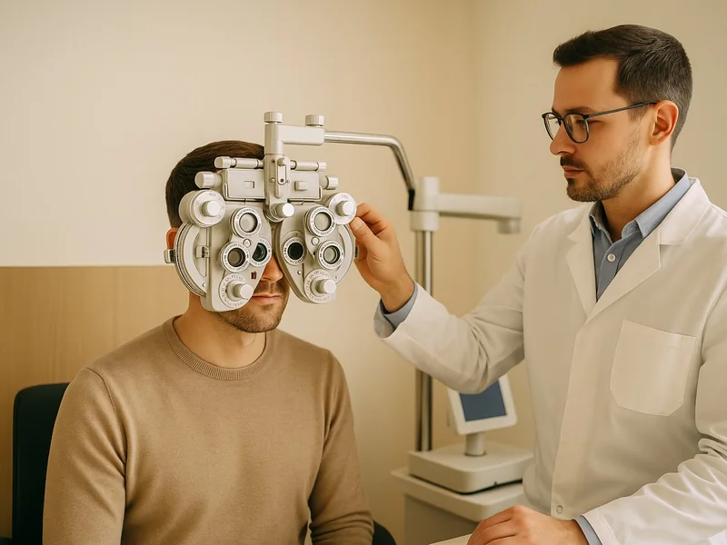 Sehtest am Messgerät, Augenoptiker daneben