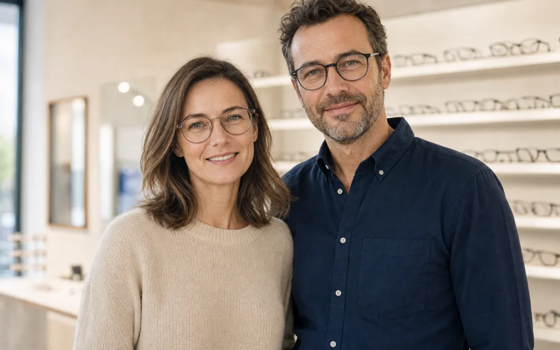 Eine Frau und ein Mann mit Brillen stehen lächelnd vor einer Brillenwand im Geschäft.