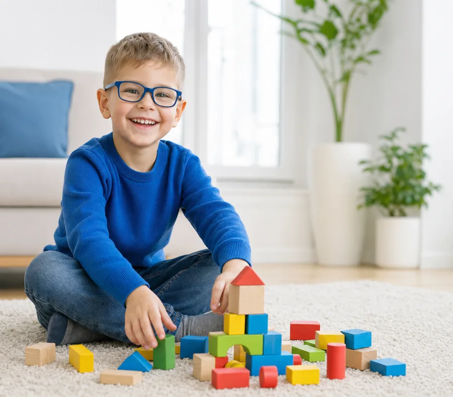 Ein lachender Junge mit blauer Kinderbrille sitzt im Schneidersitz vor bunten Holzklötzen.