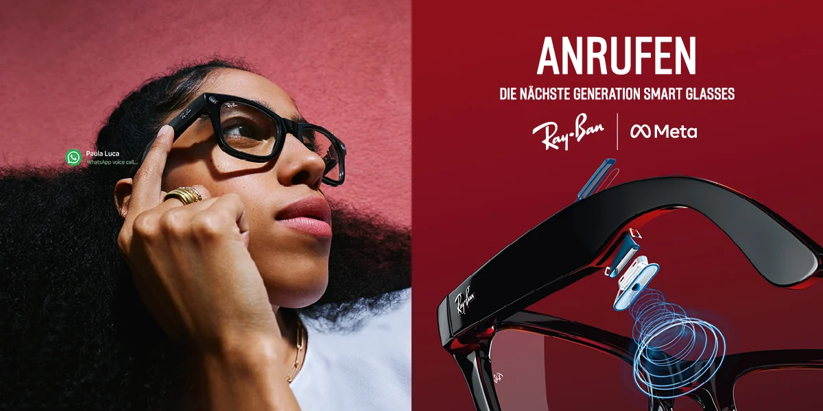 Ray-Ban Meta Smart Glasses: eine Frau tippt an den Bügel, daneben die Brille im Detail