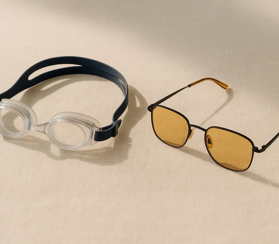 Schwimmbrille mit Sehstärke neben einer Schießbrille