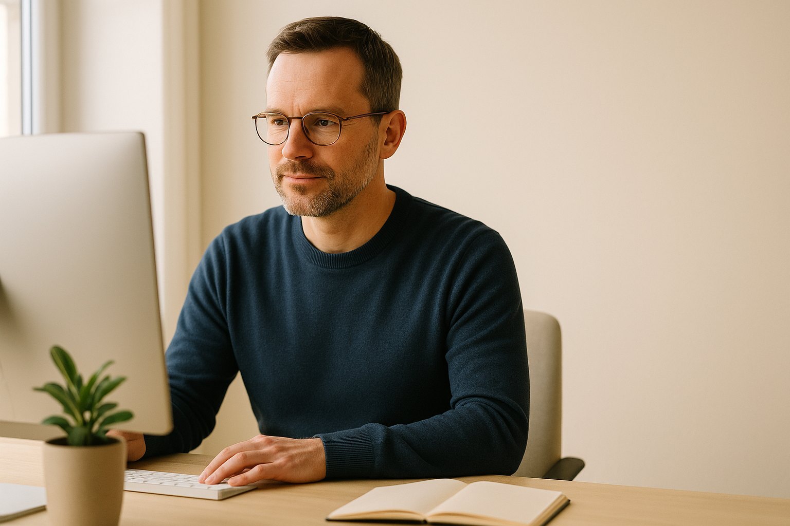 Ein Mann mit schmaler Brille arbeitet an einem hellen Schreibtisch am Bildschirm.