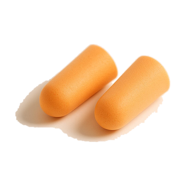 Ein Paar weiche Schaumstoff-Gehörschutzstöpsel in Orange.