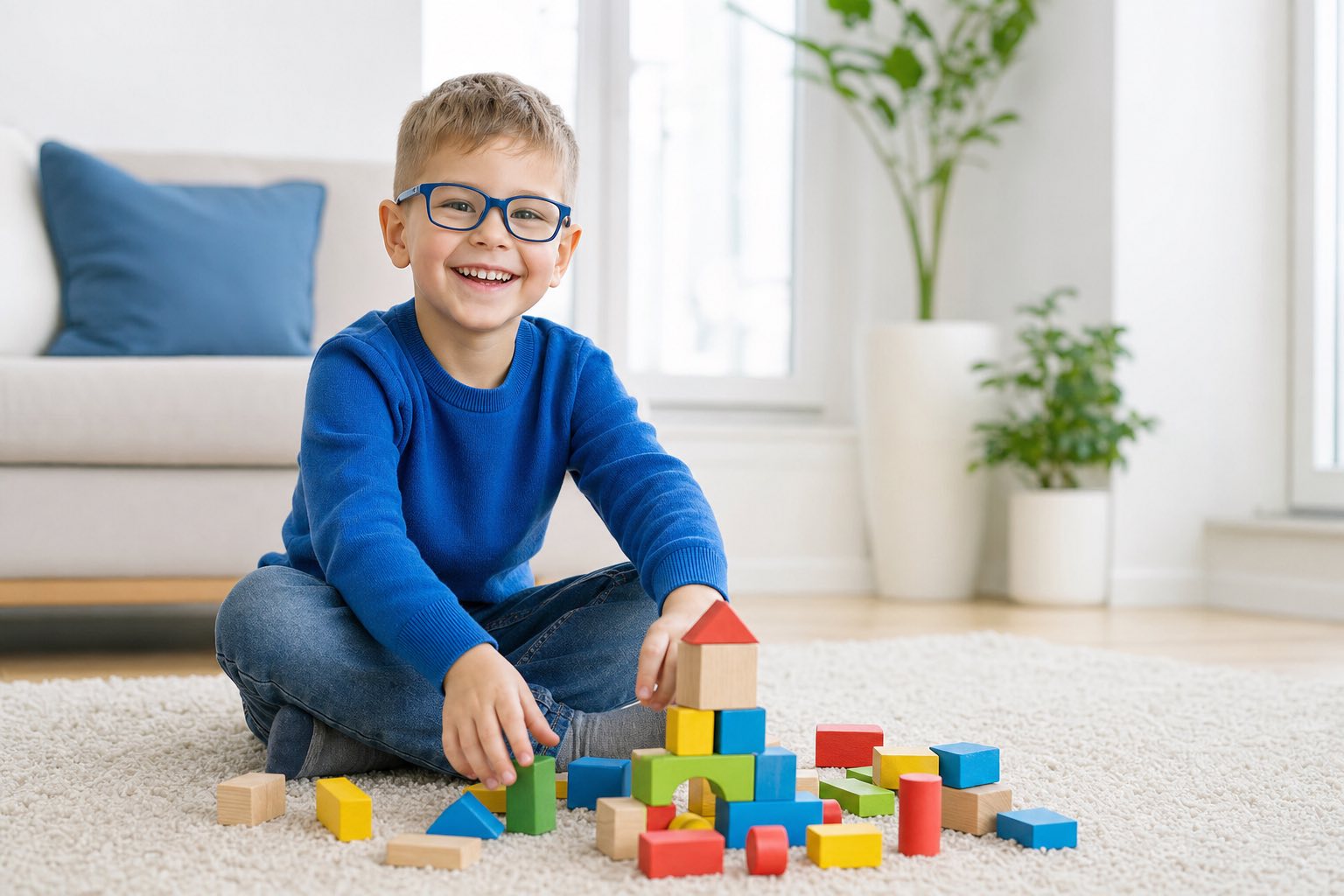 Ein Junge mit blauer Kinderbrille baut beim Spielen auf dem Teppich mit bunten Holzklötzen.