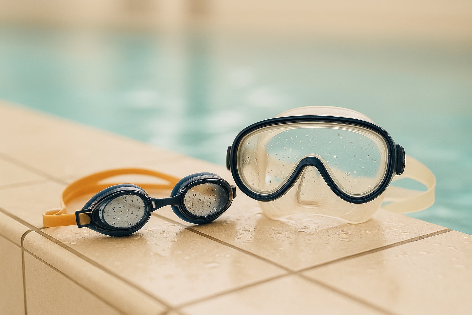 Eine Schwimmbrille und eine Tauchmaske liegen mit Wassertropfen am Beckenrand.