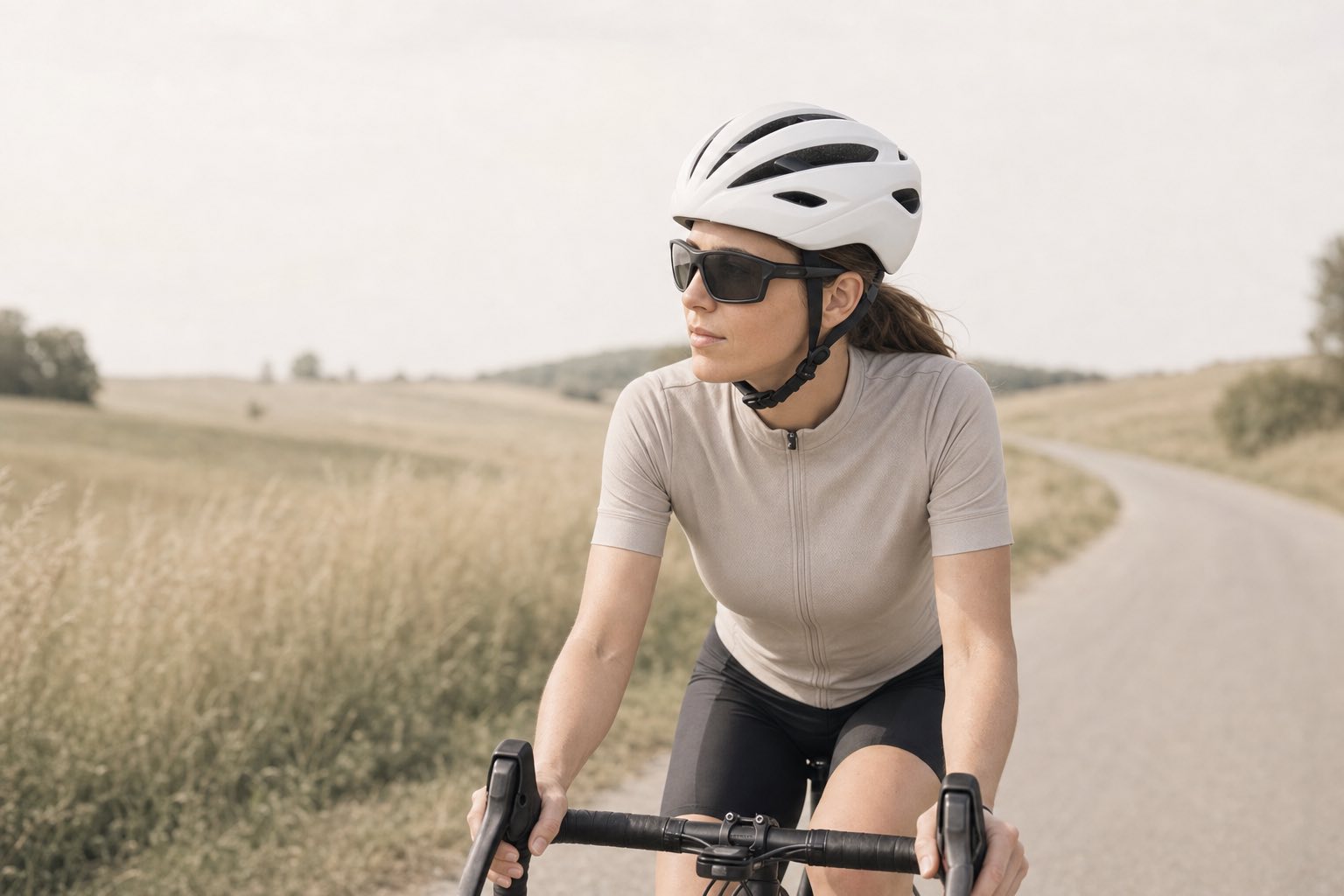 Eine Radfahrerin mit weißem Helm und rauchgrauer Sportbrille auf einer Landstraße zwischen hellen Wiesen.